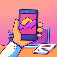 Hand holding smartphone with colorful graph, office desk, laptop, document, cheerful mood