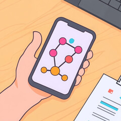 Hand holding smartphone with colorful network diagram, office desk, modern technology concept