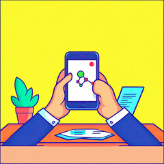Businessperson holding smartphone with colorful app interface at office desk, modern workspace