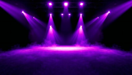 Empty concert stage illuminated by dramatic purple spotlights and smoke
