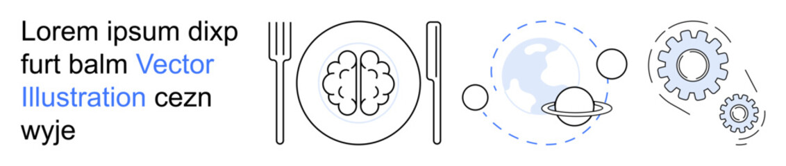 Education, innovation, cognitive science, technology, global concepts, creativity. Brain on a plate with fork and knife, Earth and gears. Education and innovation visually through diverse elements © robu_s