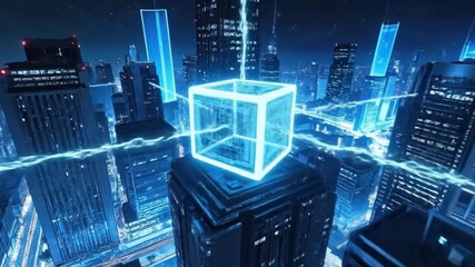 Futuristic Cityscape with Glowing Cube and Digital Lines. - Powered by Adobe
