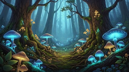 Enchanted forest with glowing mushrooms under moonlit night sky