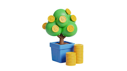 3D Money Tree with Yen Coins in Blue Pot
