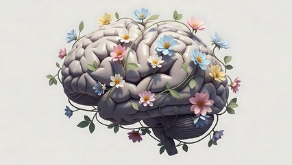 Illustration of a human brain adorned with colorful flowers