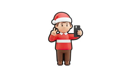 3D Cartoon Boy in Santa Hat Taking Selfie with Phone and Peace Sign