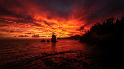 Vibrant sunset over rocky shoreline