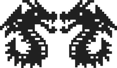 Fototapeta premium symmetrical pixel dragons facing each other retro 8 bit mythical creatures, mirrored fantasy reptile icons for vintage gaming design