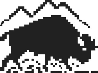 pixel art buffalo silhouette grazing in a pixelated landscape with mountain background