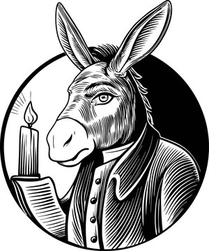 donkey in vintage clothing holding a lit candle, detailed black and white illustration with classic