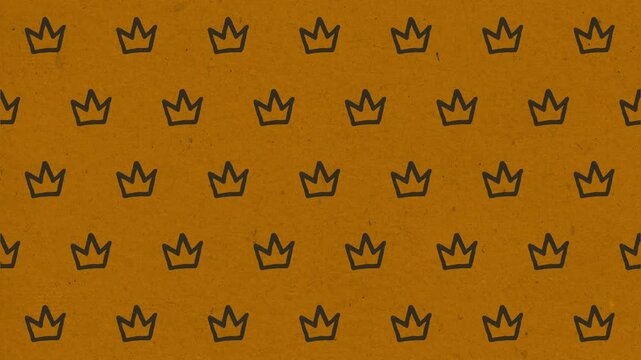 Repeating pattern of hand drawn crowns on a textured mustard background for decorative purposes.