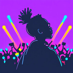 Pop singer silhouette, colorful stage lights, energetic crowd, concert, night, excitement