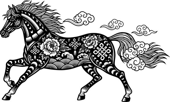 chinese new year 2026 horse zodiac year of horse paper cut lunar traditional decoration poster banner red packet design wallpaper vector
