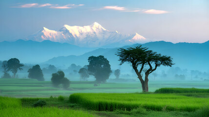 Majestic Himalayan Sunrise Over Breathtaking Green Rice Fields Landscape