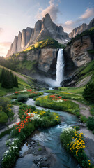 Majestic Mountain Peak Waterfall and Vibrant Wildflower Valley Landscape