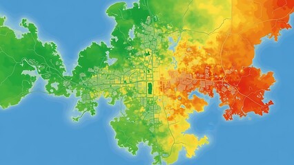 Aerial view of a city map displaying heat distribution across different urban areas, visualized through a spectrum of colors from green to red