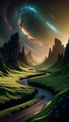 Dreamy Sci-Fi Valley Winding River Under Celestial Night Sky
