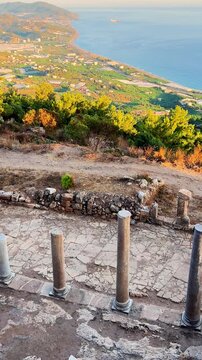 Ruins of the ancient Roman port city of Siedra in Alanya, Antalya, Turkey. The street and ruins of the ancient abandoned ancient city of Siedra on the Mediterranean coast. 4К