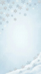 Vertical winter background with soft blue gradient and falling snowflakes above a pile of fresh white snow with copy space for text