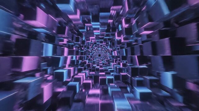 A seamless looping motion graphic background featuring an infinite tunnel of dark blue and purple glowing cubes receding rapidly into the distance presentation, neon, connection