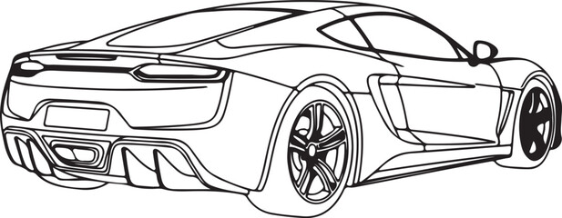 Line Art Drawing of a Modern Sports Car Coupe from Rear View.