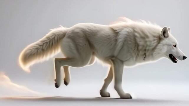 Majestic white wolf running with fiery mane and tail