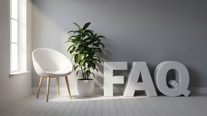 A serene indoor scene with a white chair plant and large faq letters