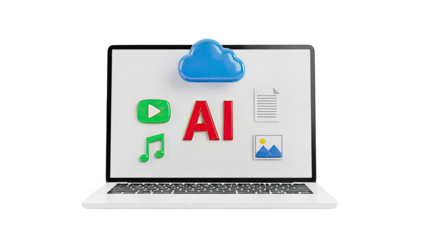 Laptop screen with AI icons and cloud symbol