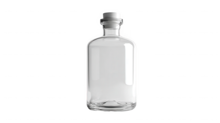 Clear glass bottle with white cap standing upright on transparent background