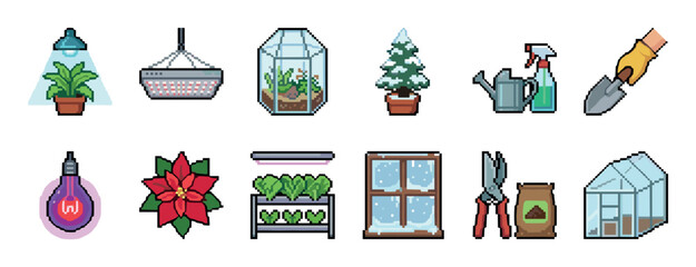 Set of pixel art icons for winter gardening and indoor plants, including a greenhouse, grow light, terrarium, poinsettia, and various tools in a retro 8-bit video game aesthetic