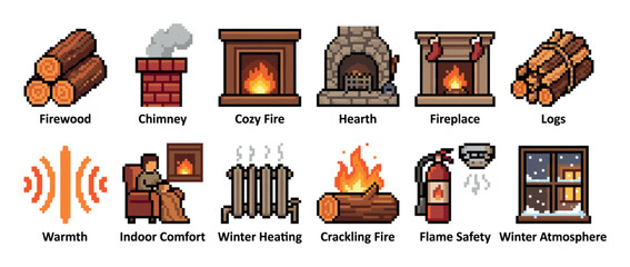 Collection of 8-bit pixel art icons depicting cozy winter themes including a fireplace, logs, chimney, and home heating elements for a nostalgic, warm atmosphere