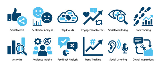 Collection of blue social media icons representing concepts like analytics, engagement, monitoring, and data tracking for digital marketing and audience insights