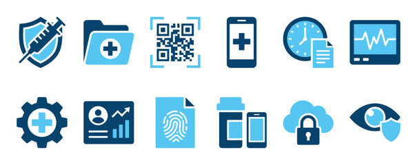 Set of blue digital health icons representing vaccination passports, medical data security, telemedicine, QR codes, and secure cloud storage in a flat vector illustration style