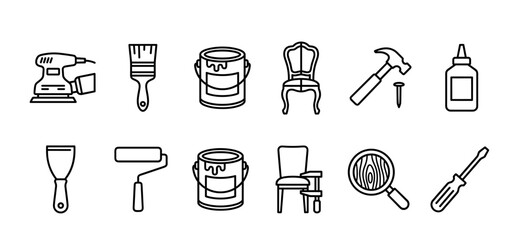 Obraz premium Set of black line icons for furniture restoration and repair, including a sander, paintbrush, paint can, vintage chair, hammer, glue, and screwdriver for DIY projects