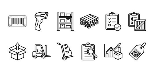 Logistics and warehouse management vector icon set with thin line symbols for delivery, shipping, and inventory, including forklift, pallet, scanner, and barcode illustrations