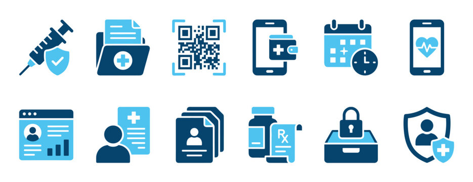 Blue medical and vaccination passport icon set representing digital health records, QR code identification, online appointments, and secure patient data for modern healthcare services
