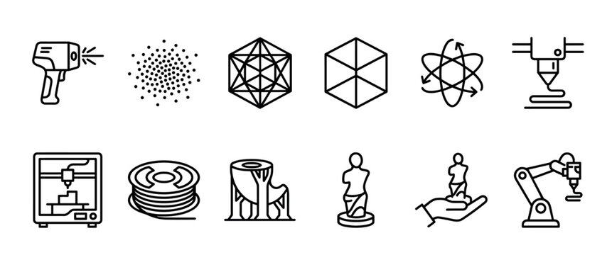 Set of black line art icons representing 3D printing technology, including a printer, scanner, filament, robotic arm, and geometric models for additive manufacturing and prototyping