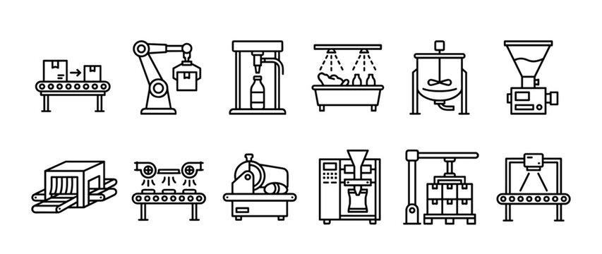 Collection of industrial production line icons in a minimalist black outline style, illustrating factory automation, machinery, packaging, and various manufacturing processes