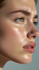 A close-up of a woman's face reveals smooth, glossy skin