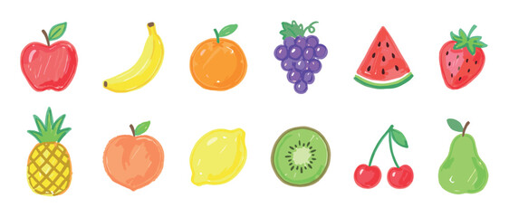 Obraz premium Colorful collection of hand-drawn fruit illustrations featuring apple, banana, orange, grapes, and watermelon in a cute, simple doodle style for healthy eating concepts