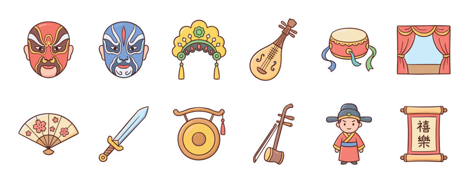 Collection of traditional Chinese opera icons featuring theatrical masks, musical instruments, and stage props in a cute cartoon doodle style for cultural celebration concepts