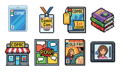 Set of pixel art comic book icons featuring a convention badge, storefront, stacked graphic novels, a digital drawing tablet, and a collectible first issue in a retro 8-bit style