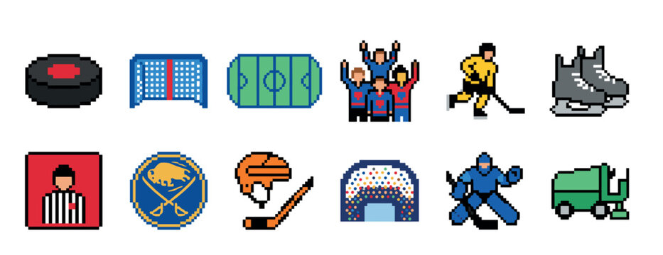 Set of twelve pixel art ice hockey icons featuring a puck, goal, rink, players, skates, and other game elements in a retro 8-bit video game style illustration
