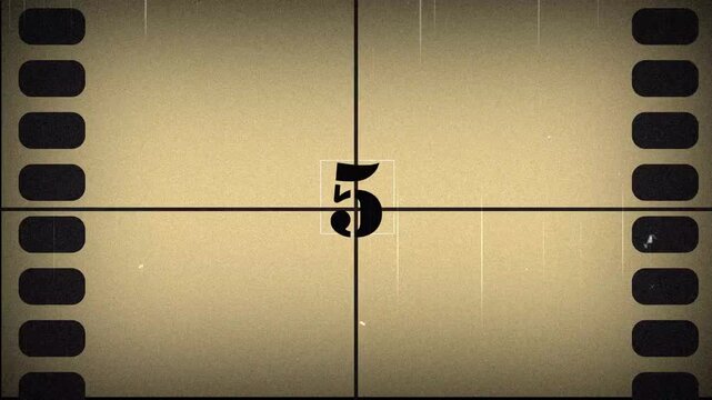 Old film strip countdown 10 to 1 in Crem color. Vintage defocused film look, flicker, Wipe, grain and scratches effect. 4K animation, Black Background