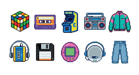 Set of retro pixel art icons featuring nostalgic 80s and 90s items like a cassette player, boombox, arcade game, floppy disk, and vintage fashion for a classic vibe