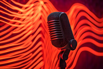 Sleek microphone with audio waveforms represents voice recording.