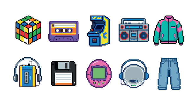 Set of retro pixel art icons featuring nostalgic 80s and 90s items like a cassette player, boombox, arcade game, floppy disk, and vintage fashion for a classic vibe