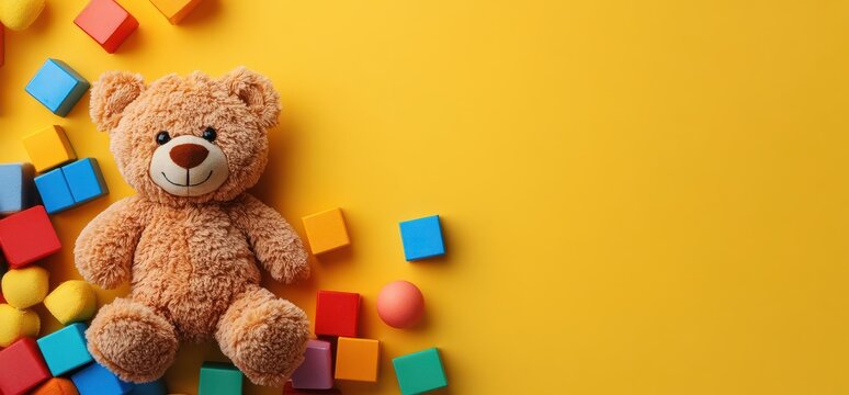 Cute teddy bear with colorful building blocks on a vibrant yellow background for children's playtime and creativity