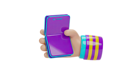 3D Cartoon Hand Holding a Purple Flip Phone