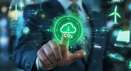 Businessman interacting with virtual carbon footprint.